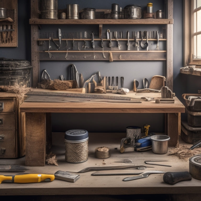 A neatly organized workbench with a hammer, tape measure, level, pliers, screwdrivers, and wrenches arranged in a harmonious composition, surrounded by subtle hints of renovation materials like wood shavings and drywall dust.