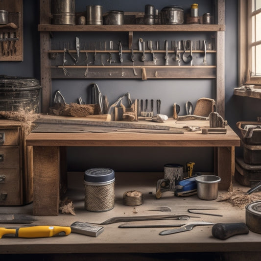 A neatly organized workbench with a hammer, tape measure, level, pliers, screwdrivers, and wrenches arranged in a harmonious composition, surrounded by subtle hints of renovation materials like wood shavings and drywall dust.