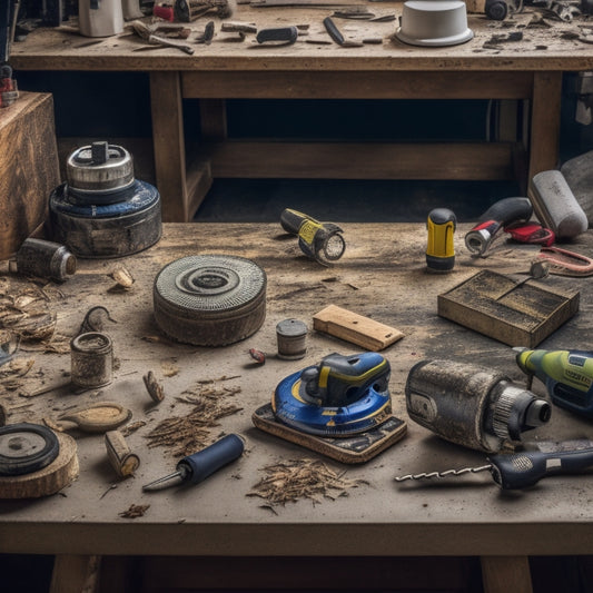 A cluttered workshop table with various DIY tools, including a cordless drill, impact driver, and circular saw, surrounded by scattered renovation plans, measuring tapes, and a few scattered wood shavings.