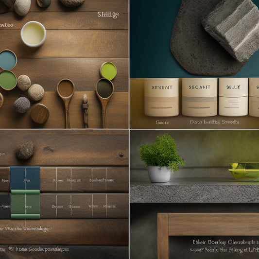 A split-screen image featuring six different sealant color swatches applied to various home renovation materials, including wood, metal, and stone, with a subtle gradient background.