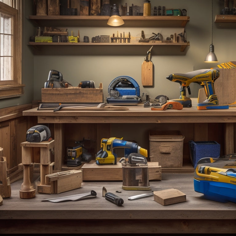 An organized workbench with a mix of affordable, alternatives to high-end power tools: a manual hand saw, cordless drill, and DIY miter box, surrounded by wooden planks and renovation materials.