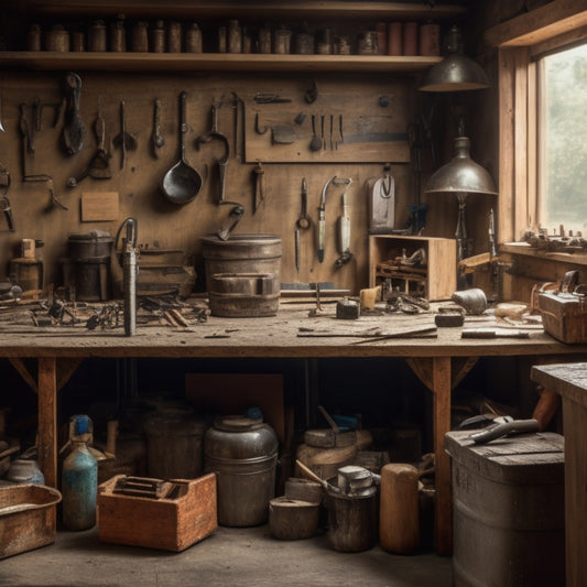A cluttered but organized workshop with a wooden workbench, surrounded by tools like hammers, screwdrivers, and pliers, with a partially disassembled faucet and scattered renovation materials in the background.