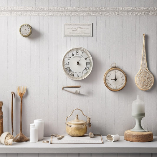 An illustration of a restored white plaster wall with a subtle sheen, surrounded by renovation tools and a timeline ribbon flowing from a vintage clock, with a faint grid pattern in the background.