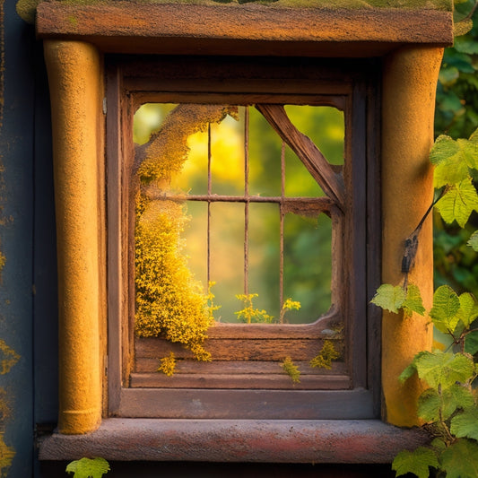 A dusty, ornate, vintage window frame with peeling, yellowed caulk and cracked putty, surrounded by worn wooden shingles and overgrown with ivy, with a subtle, golden light casting a warm glow.