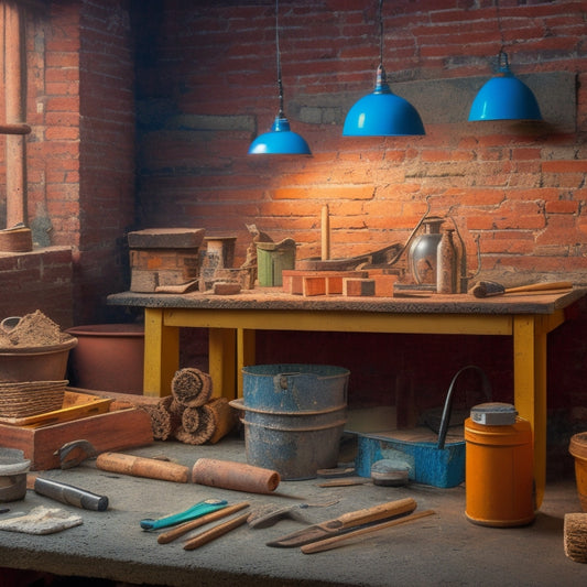 A cluttered workshop table with a variety of pointing tools, including trowels, joint knives, and pointing irons, alongside a half-completed brick wall with mortar-filled joints.