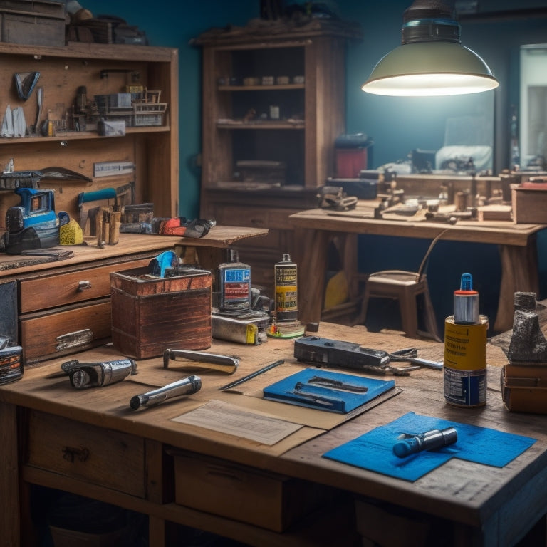 A cluttered workbench with various foundation inspection tools scattered around, including a hammer, level, flashlight, and moisture meter, surrounded by blueprints and a miniature model of a house.