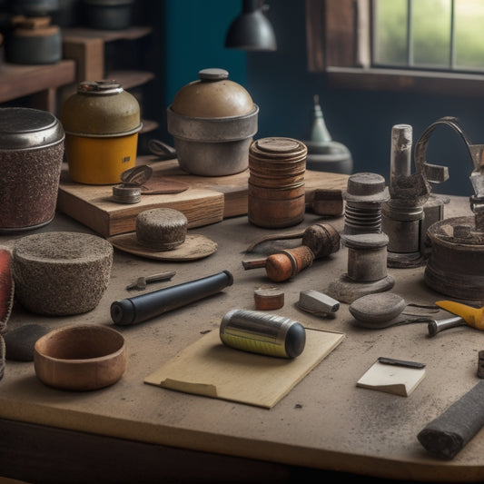 A cluttered workspace with various tamping tools scattered around, including a steel tamper, a rubber tamper, and a notched tamper, surrounded by renovation materials like tiles, mortar, and a level.