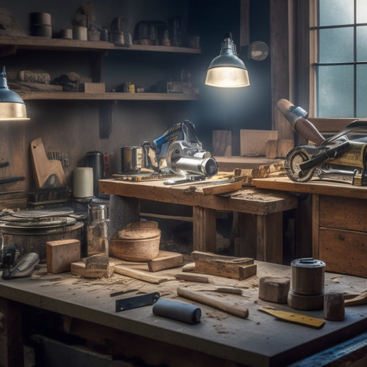 A cluttered, well-lit workbench with a variety of affordable block cutting tools, including a miter saw, circular saw, and jigsaw, surrounded by cut wooden blocks and scattered wood shavings.