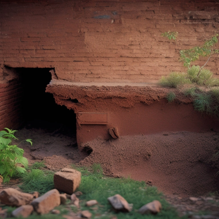 A cracked foundation wall with a broken, crumbling brick exterior, surrounded by soil erosion and scattered debris, contrasted with a stabilized soil foundation in the background, showcasing a solid, intact wall.