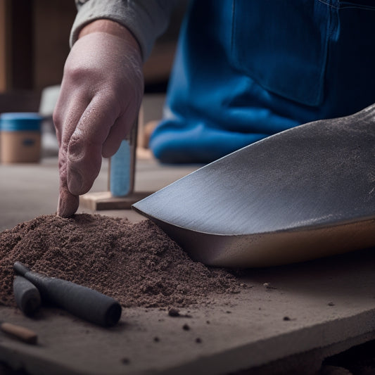 A close-up of a person's hand holding a trowel with a secure grip, wearing a glove, with a background of a home renovation site with scattered materials and tools.