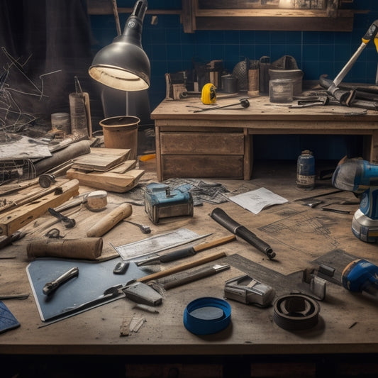 A cluttered workshop table with a variety of essential renovation tools, including a cordless drill, level, tape measure, wrench, and hammer, surrounded by scattered blueprints and construction materials.