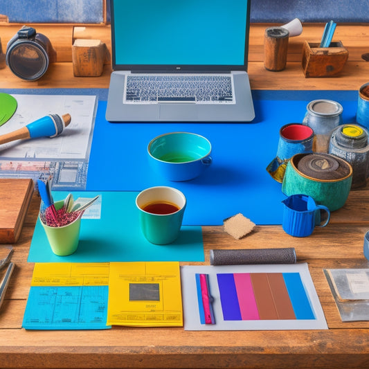 A colorful, organized workspace with rolled-up blueprints, a laptop, and a cup of coffee, surrounded by renovation tools like a level, hammer, and paint swatches, on a wooden table.