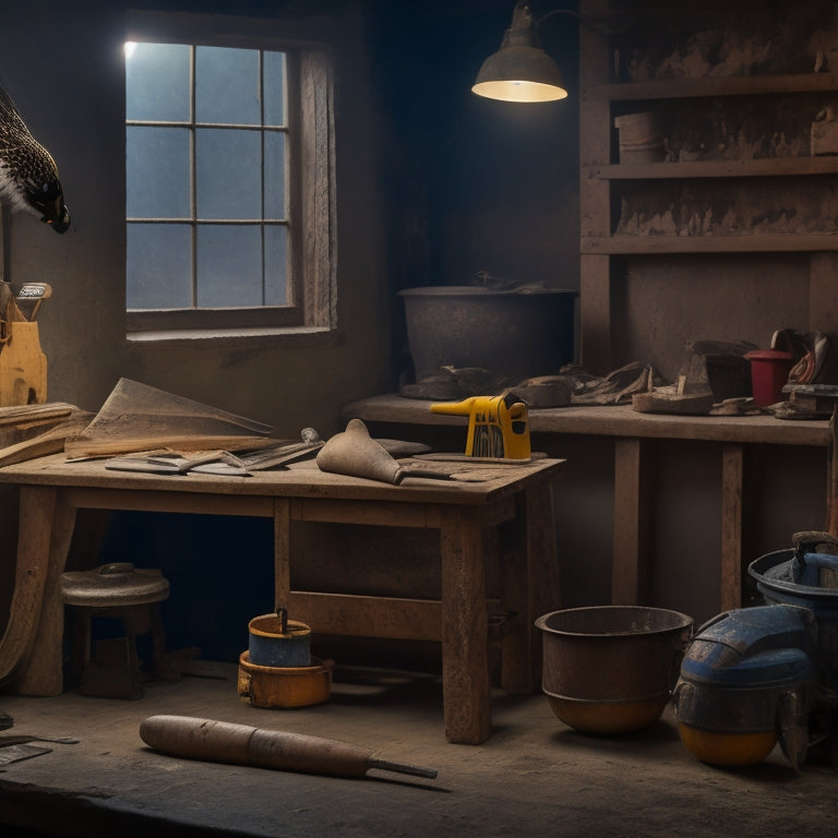 A well-lit workshop with various plastering tools, including a hawk, trowel, and level, laid out on a wooden workbench, with a partially plastered wall in the background.