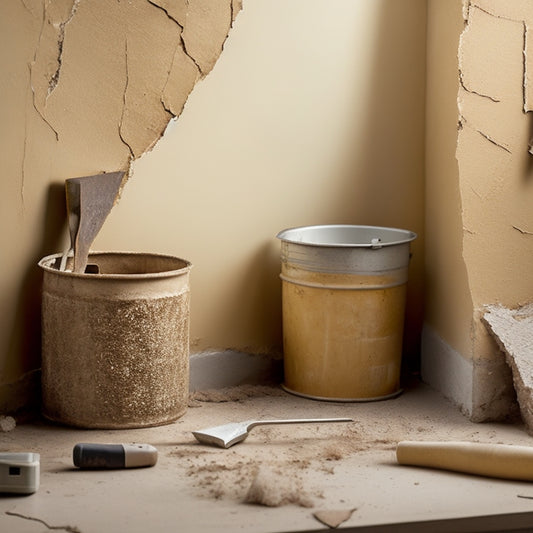 A worn, beige-colored wall with a large, jagged crack running diagonally, surrounded by scattered repair tools, including a putty knife, caulk gun, and patching compound bucket.