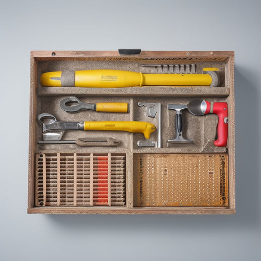 A neatly organized toolbox filled with various renovation tools, including a level, wrench, pliers, and hammer, against a clean white background with subtle shadows and soft lighting.