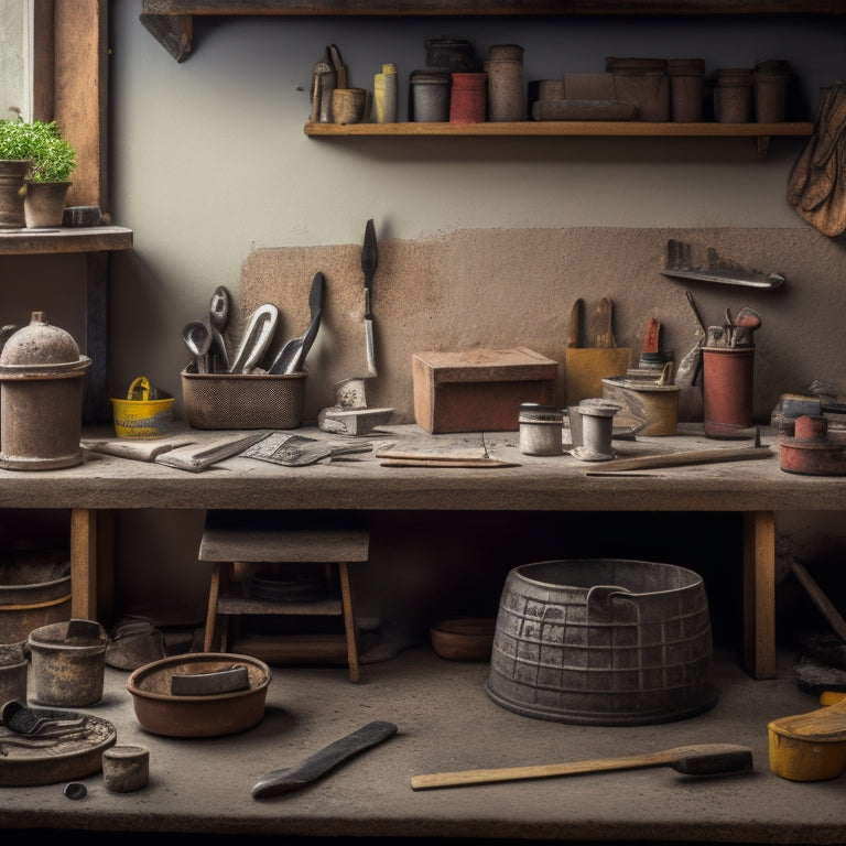 A cluttered workbench with various pointing trowels of different sizes and materials, surrounded by scattered wall tiles, mortar, and DIY tools, with a partially renovated wall in the background.