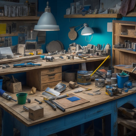A cluttered workbench with a hammer, tape measure, level, and cordless drill, surrounded by scattered blueprints, paint swatches, and a miniature model of a house under renovation.