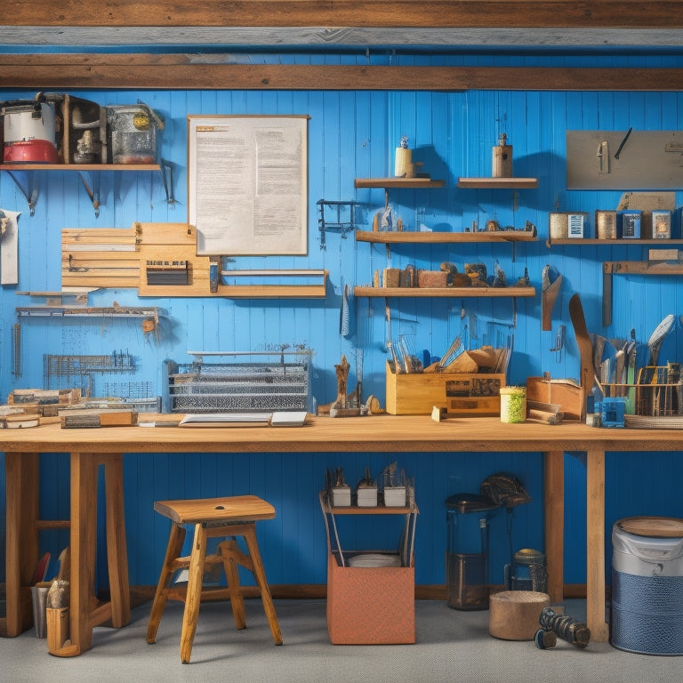 A clutter-free, well-organized workspace with a wooden workbench, a pegboard with hung tools, a roll of blueprints, a level, a hammer, and a few scattered screws, amidst a partially renovated room backdrop.