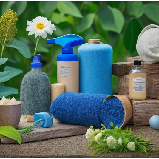 A beautifully arranged collage of eco-friendly fillers, including recycled denim insulation, natural wool batts, and plant-based spray foam, on a rustic wooden background amidst lush greenery and flowers.