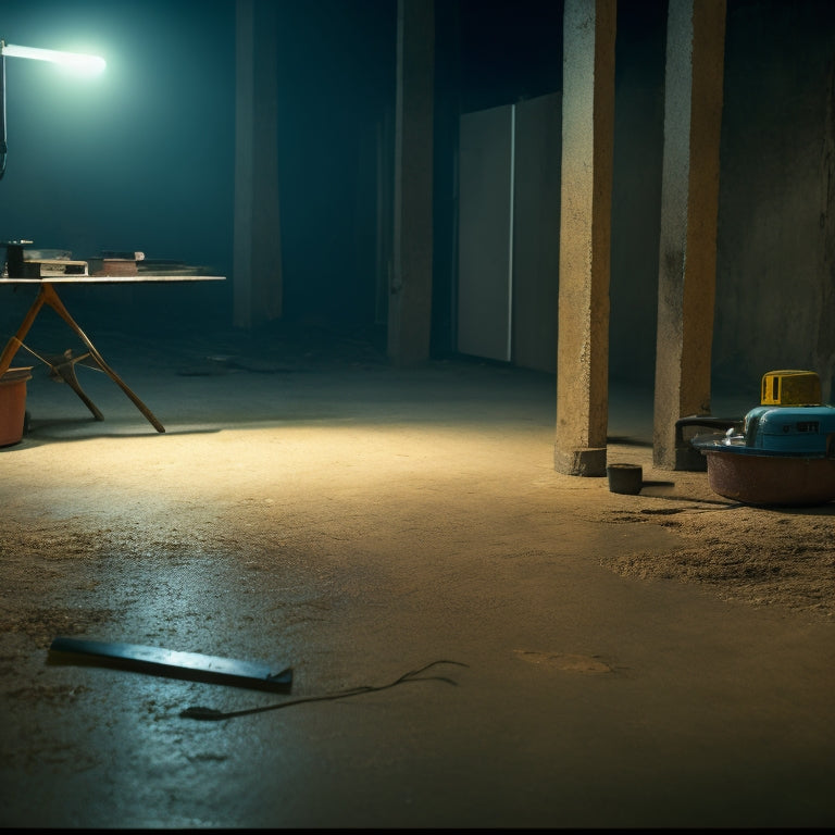 A dimly lit, worn-out concrete floor with cracks and uneven surfaces, surrounded by scattered renovation tools, with a spotlight shining on a single, sleek floor repair tool in the center.