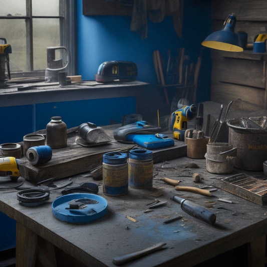 A cluttered workshop table with various tools and materials scattered around, including a partially disassembled ladder, a bucket of paintbrushes, rolls of roofing felt, and a cordless drill with its battery detached.