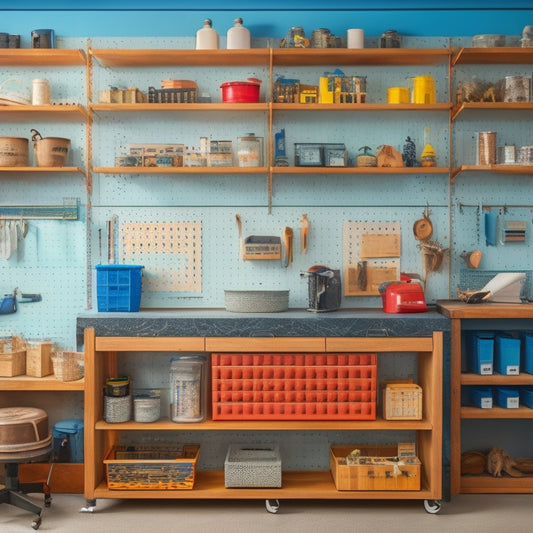 A clutter-free workshop with a pegboard on the wall, holding neatly arranged tools and accessories, alongside a rolling cabinet with labeled drawers and a freestanding shelving unit with stacked bins.