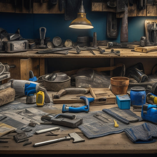 A cluttered workshop table with various DIY renovation tools, including a cordless drill, level, and wrench, surrounded by scattered blueprints, worn gloves, and a half-filled toolbox in the background.
