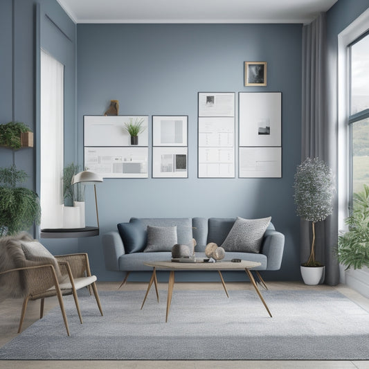 An illustration of a serene, modern living room with a calendar on the wall, divided into sections with faint checkboxes and subtle construction elements, like a hammer or blueprint, in the background.