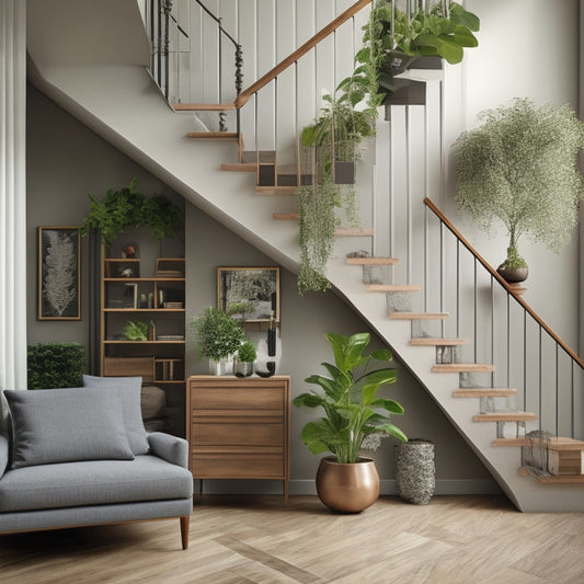 A modern living room with a floor-to-ceiling block wall in a contrasting gray tone, featuring a staircase with wooden steps and a lush greenery wall in the background.