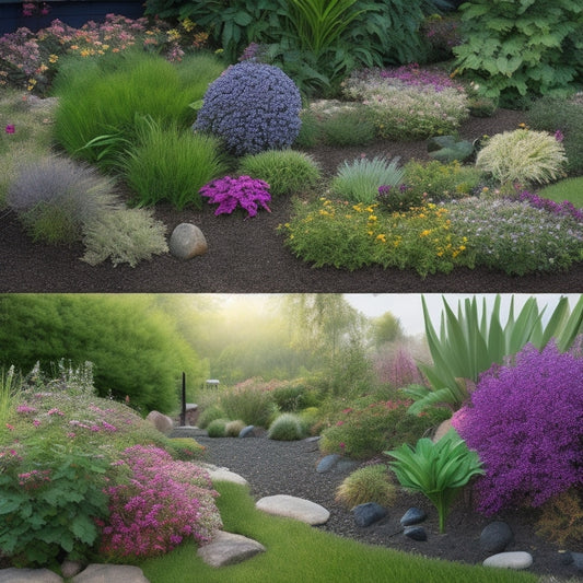 An illustration of a garden bed with a before-and-after split-screen design, showcasing overgrown weeds and dead plants transforming into a lush, thriving oasis with vibrant flowers and neatly arranged stones.