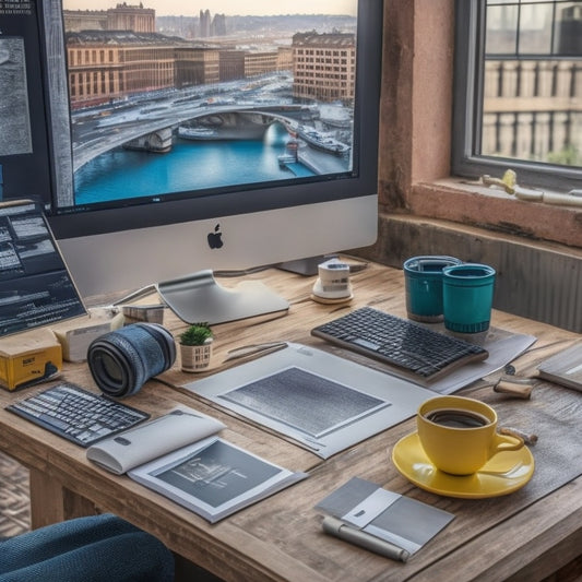 A tidy, well-organized workspace with a laptop, blueprints, and a cup of coffee on a wooden table, surrounded by various renovation tools and a cityscape background with a partially renovated building.