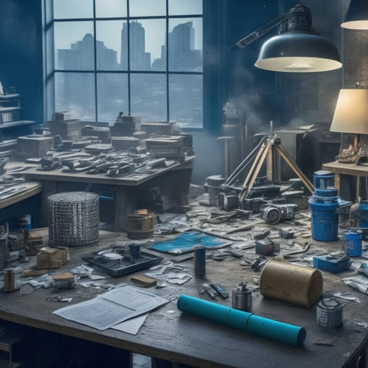 A cluttered workshop table with scattered tools, broken blocks, and crumpled blueprints, surrounded by a faint outline of a cityscape in the background, with a subtle hint of chaos and disorganization.
