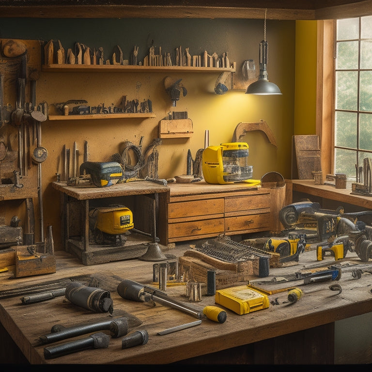 A cluttered but organized workshop with a mix of power tools and hand tools from top brands like DeWalt, Bosch, and Milwaukee, with a faint blueprints background and a hint of natural light.