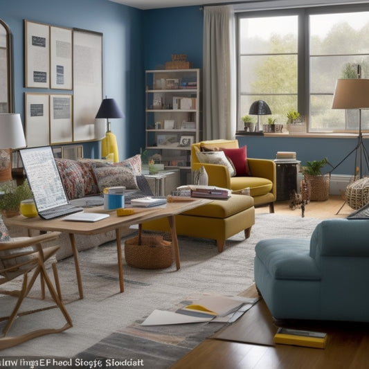 A cluttered living room with scattered renovation plans, paint swatches, and tools, transformed into a clean and organized space with a large whiteboard, color-coded notes, and a laptop open to a renovation software.
