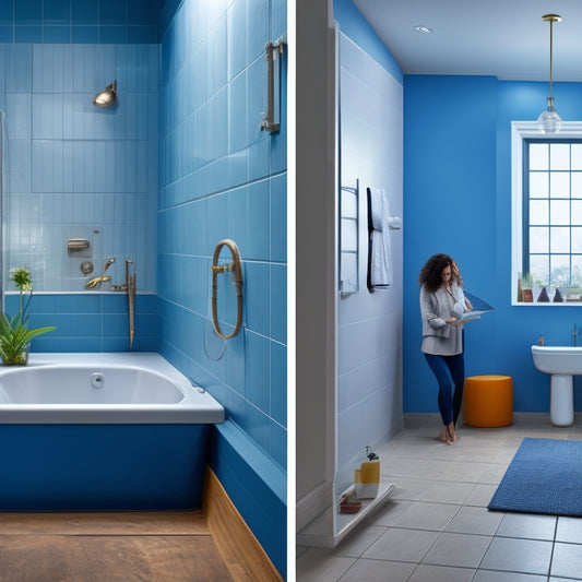 A split-screen illustration featuring a person standing in front of a blueprint-covered wall, holding a calculator and pencil, alongside a renovated modern bathroom with a bathtub, double sink, and large window.