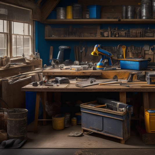 A cluttered, yet organized, workbench with various budget-friendly tools, including a cordless drill, level, and tape measure, surrounded by renovation materials like paint cans and lumber.