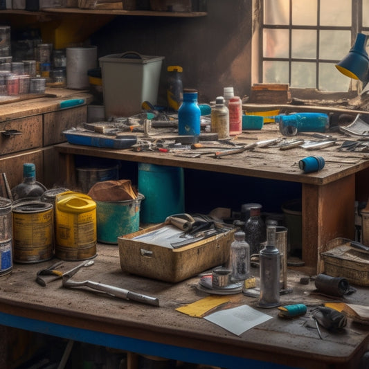A cluttered workbench with scattered tools, half-empty paint cans, and torn packaging, surrounded by renovation chaos, with a faint outline of a budget spreadsheet in the background.