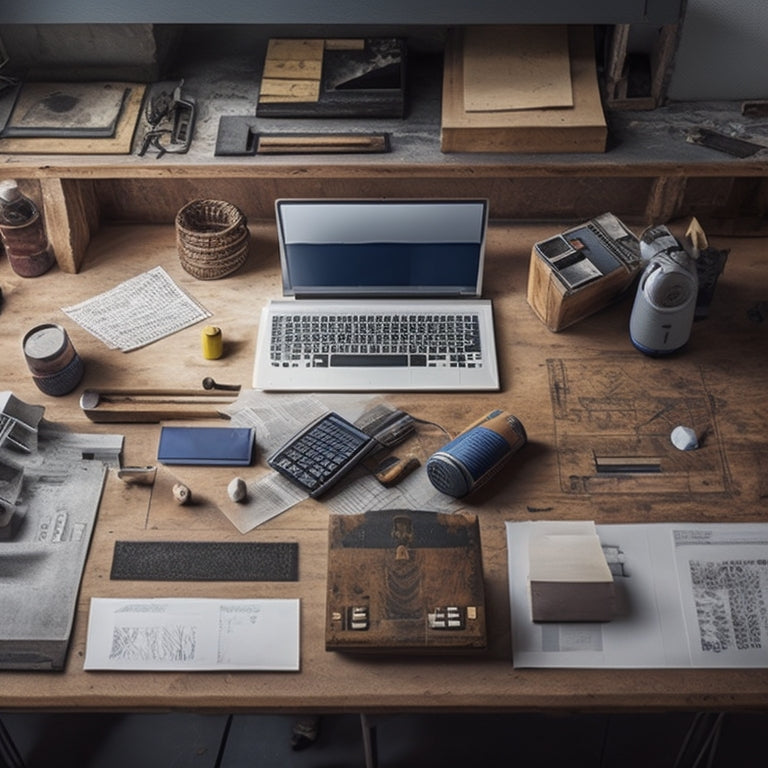 An organized workspace with a wooden desk, a laptop, and a scattered array of renovation tools, surrounded by rolled-up blueprints, pencils, and a calculator, with a subtle background of a partially renovated room.