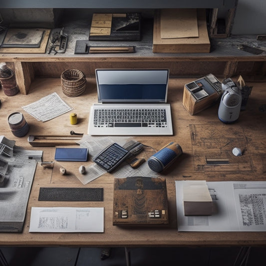 An organized workspace with a wooden desk, a laptop, and a scattered array of renovation tools, surrounded by rolled-up blueprints, pencils, and a calculator, with a subtle background of a partially renovated room.