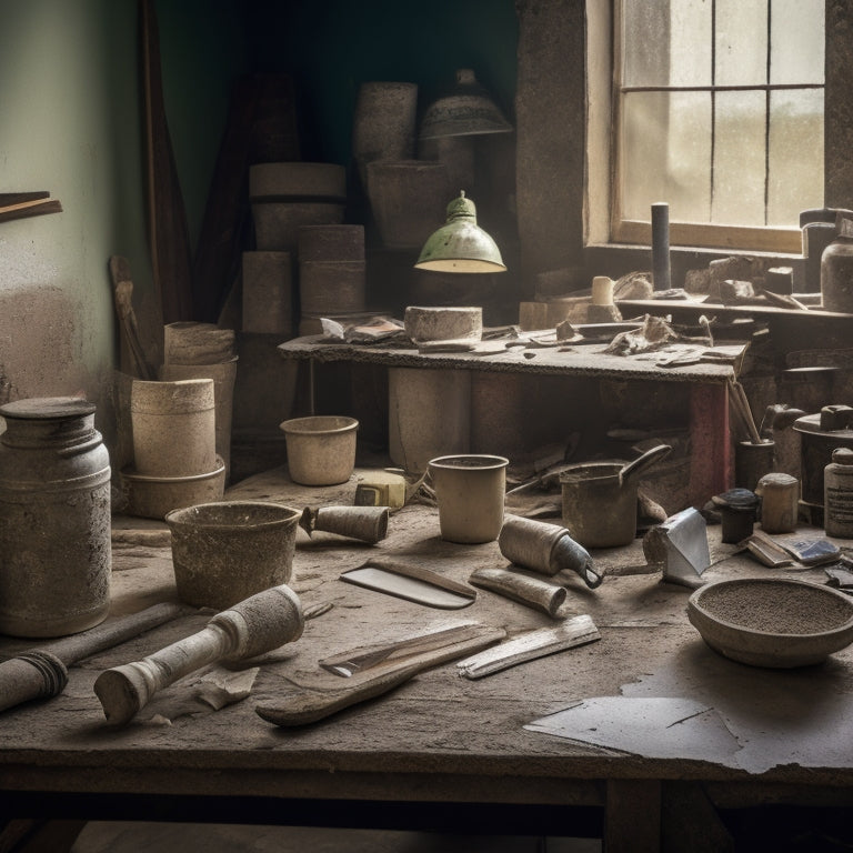 A cluttered workshop table with a variety of DIY plaster renovation tools, including a putty knife, trowel, joint compound, and sandpaper, surrounded by scraps of drywall and crumbling plaster fragments.