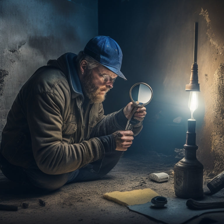 An image of a person in a dusty, old room, holding a flashlight and inspecting a cracked and faded wall with a magnifying glass, surrounded by renovation tools and peeled-off wallpaper.
