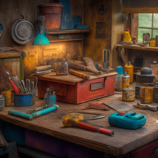 A cluttered workbench with various second-hand tools, a hammer with a cracked handle, a rusty wrench, and a drill with frayed cords, surrounded by caution signs and a "Return" stamp in the center.