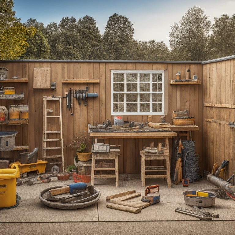 A cluttered but organized outdoor workspace with a renovated exterior wall in the background, featuring a mix of power tools, ladders, buckets, and building materials scattered around a wooden workbench.