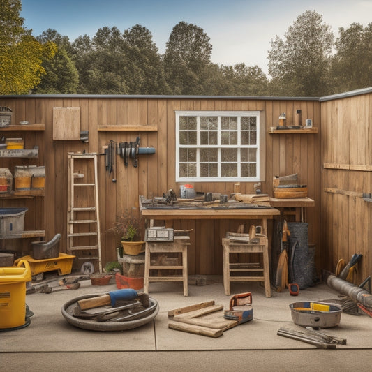 A cluttered but organized outdoor workspace with a renovated exterior wall in the background, featuring a mix of power tools, ladders, buckets, and building materials scattered around a wooden workbench.