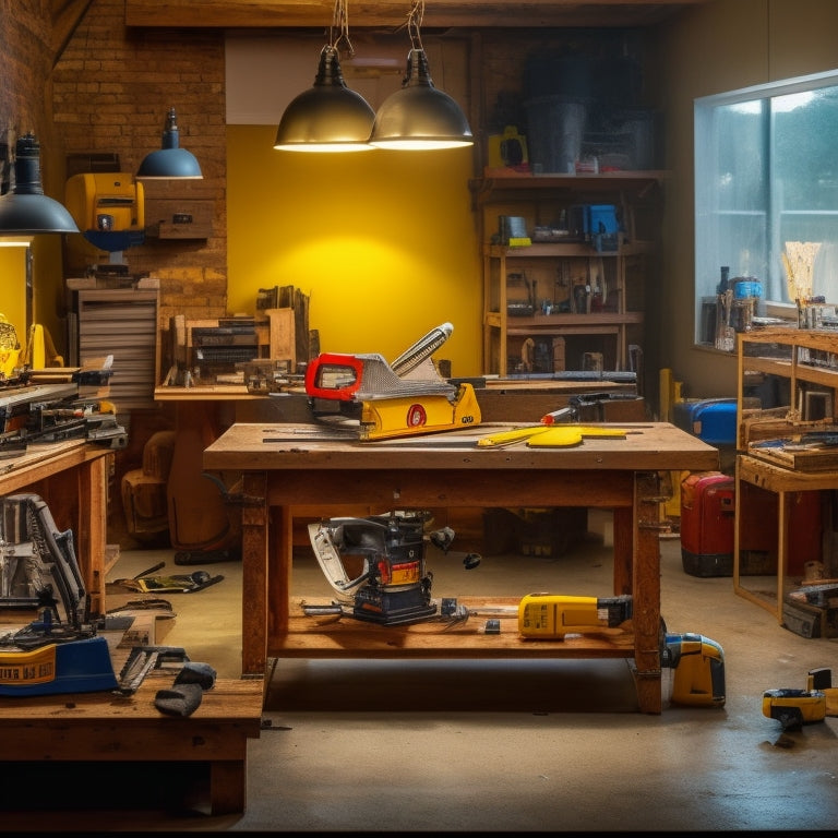 A cluttered workshop with a sleek, high-end table saw, a cordless drill with multiple attachments, and a premium laser level, surrounded by scattered DIY project materials and tools.