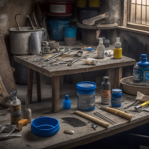 A cluttered workshop table with various epoxy-based crack filling tools, including a caulk gun, chisel, and mixing stick, surrounded by cracked concrete and stone samples, with a blurred background of renovation tools.