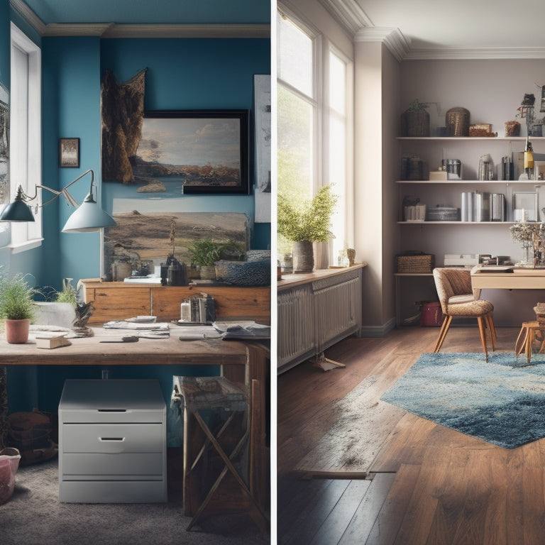 A split-screen illustration showcasing a chaotic, cluttered room on the left, with torn wallpapers, scattered tools, and broken furniture, transitioning to a sleek, modern space on the right, with clean lines, polished floors, and minimalist decor.
