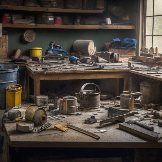 A cluttered workbench with a variety of tools, including a circular saw, drill, hammer, level, tape measure, and a bucket of joint compound, surrounded by drywall scraps and renovation debris.