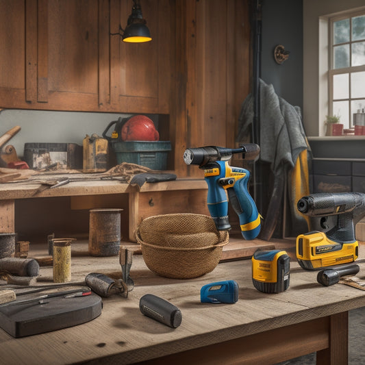 A cluttered construction site background with a renovated room in the foreground, featuring a perfectly placed power drill, a level, and a cordless screwdriver on a wooden workbench, surrounded by scattered tools and renovation materials.