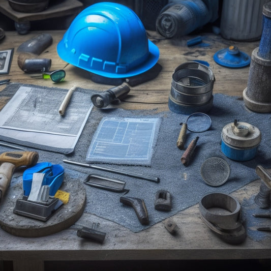 A cluttered workshop table with various renovation tools, a tablet with a blueprint open, a hard hat, and a magnifying glass, surrounded by scattered screws, wires, and construction materials.